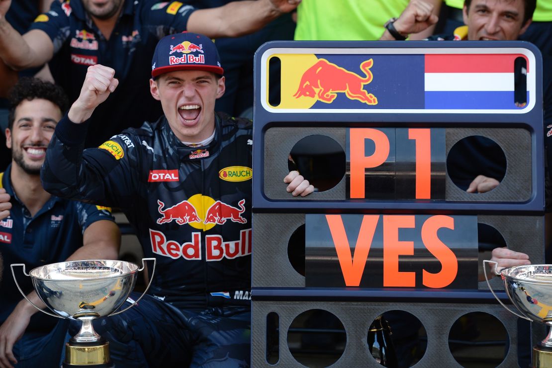 Verstappen celebrates after the 2016 Spanish Grand Prix. 