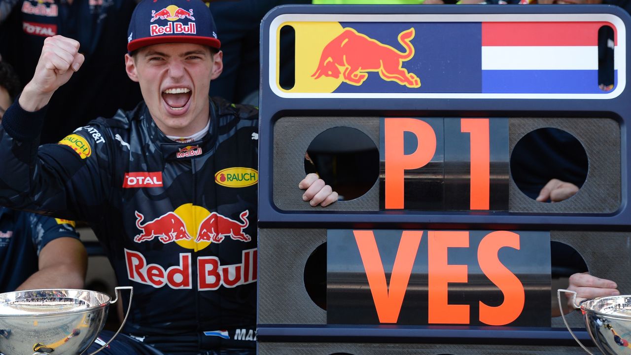 Verstappen celebrates after the 2016 Spanish Grand Prix. 