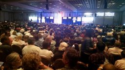 Thousands of people gather at the Paris casino in Las Vegas for the Nevada State Democratic Convention on Saturday, May 14, 2016. They are picking delegates to send to the national convention in July.