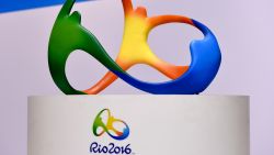 RIO DE JANEIRO, BRAZIL - AUGUST 04:  The official logo for the Rio 2016 Olympics games displays during a press conference of Two Years to Go to the Rio 2016 Olympics Opening Ceremony on August 4, 2014 in Rio de Janeiro, Brazil.  (Photo by Buda Mendes/Getty Images)