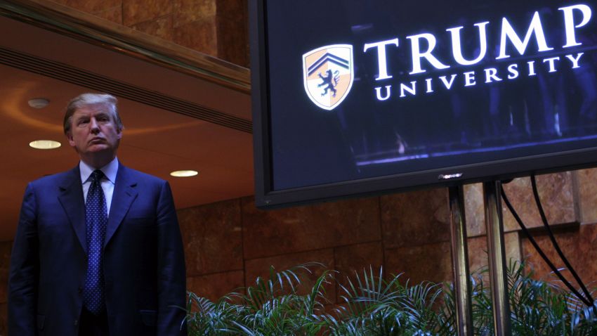 Donald Trump holds a media conference announcing the establishment of Trump University on May 23, 2005, in New York City.