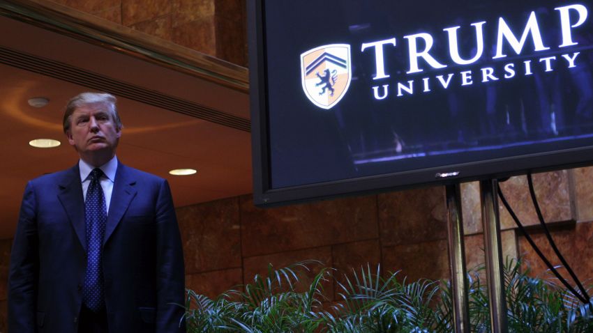 Donald Trump holds a media conference announcing the establishment of Trump University on May 23, 2005, in New York City. 