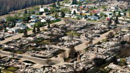 Remains of burned homes are seen in a neighborhood in Fort McMurray, Alberta, Canada, on Friday, May 13.