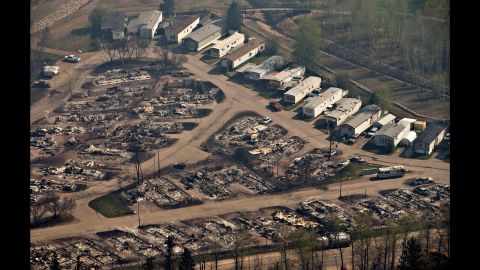 Charred remains of homes are seen in Fort McMurray on May 13.