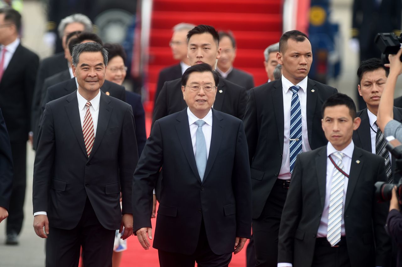 Zhang is the Chairman of China's National People's Congress (NPC) Standing Committee. Hong Kong officials ramped up security for his visit amid threats of protests. Zhang's in Hong Kong to attend the inaugural Belt and Road Summit to explore closer ties between Hong Kong and the mainland.
