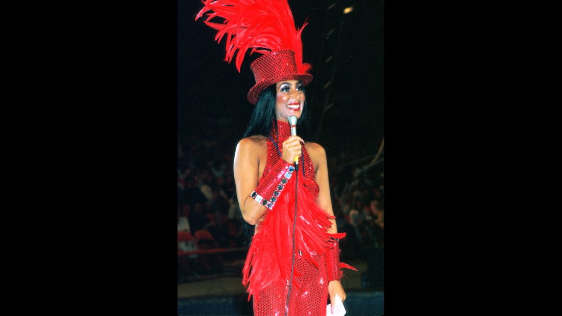 In 1974, Cher performs as ringmaster on the opening day of the Ringling Bros. Circus in Inglewood, California.