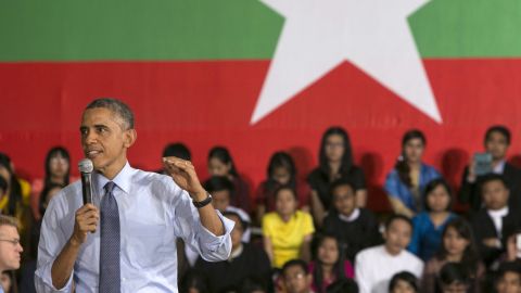 U.S. President Barack Obama speaks to students in November 2014 in Yangon, Myanmar. The U.S. will ease sanctions on the Southeast Asian nation following political reforms.