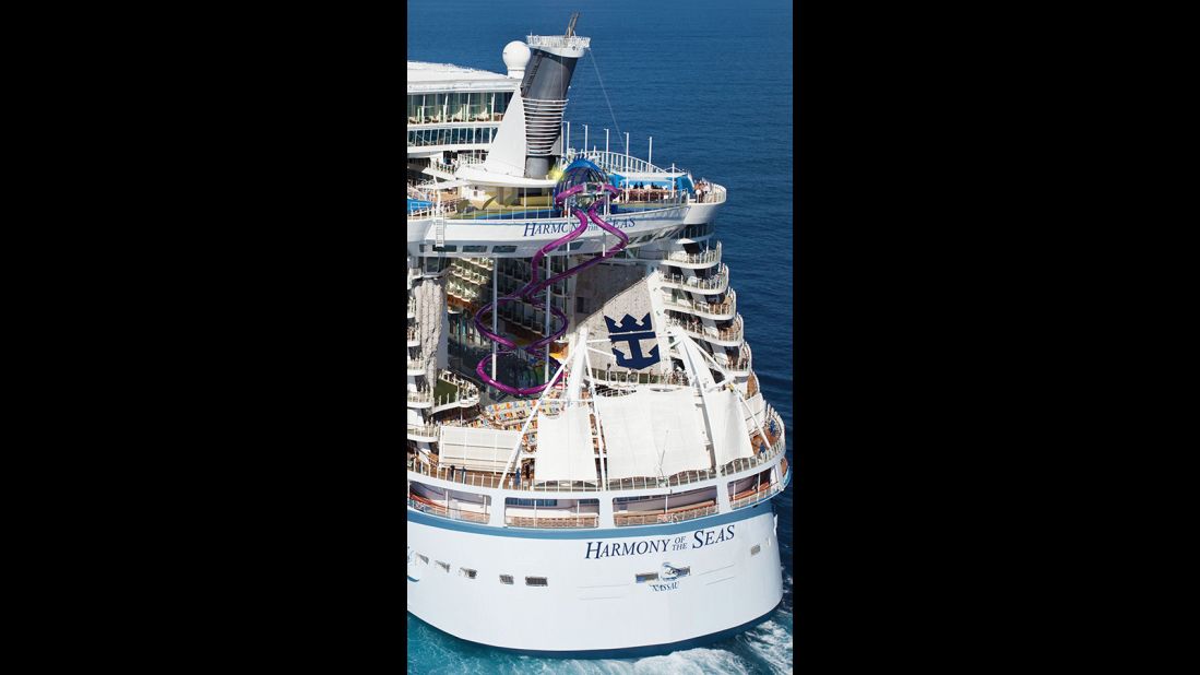 See those purple, squiggly things in the back of the ship? That's one of Harmony's biggest attractions: The Ultimate Abyss, which the cruise line calls "the tallest slide on the high seas." It takes guests on a 100-foot drop from Deck 16 to Deck 6.