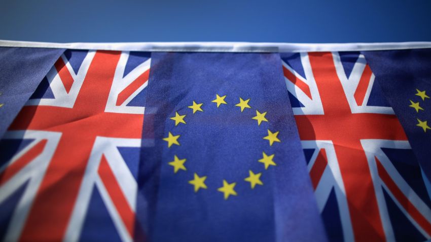 KNUTSFORD, UNITED KINGDOM - MARCH 17:  In this photo illustration, the European Union and the Union flag sit together on bunting on March 17, 2016 in Knutsford, United Kingdom. The United Kingdom will hold a referendum on June 23, 2016 to decide whether or not to remain a member of the European Union (EU), an economic and political partnership involving 28 European countries which allows members to trade together in a single market and free movement across its borders for citizens.  (Photo by illustration by Christopher Furlong/Getty Images)