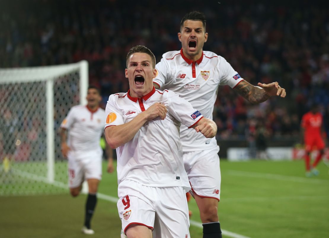 Kevin Gameiro of Sevilla celebrates scoring his team's first goal against Liverpool.