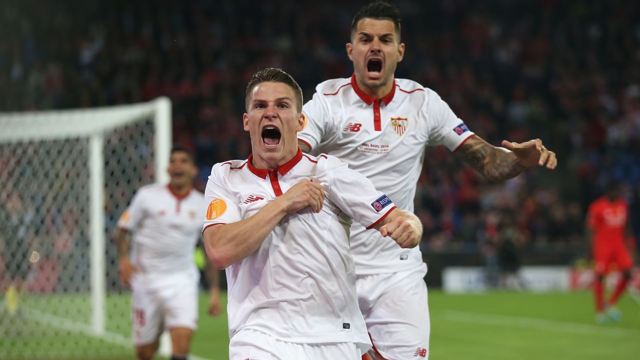 Kevin Gameiro of Sevilla celebrates scoring his team's first goal against Liverpool.