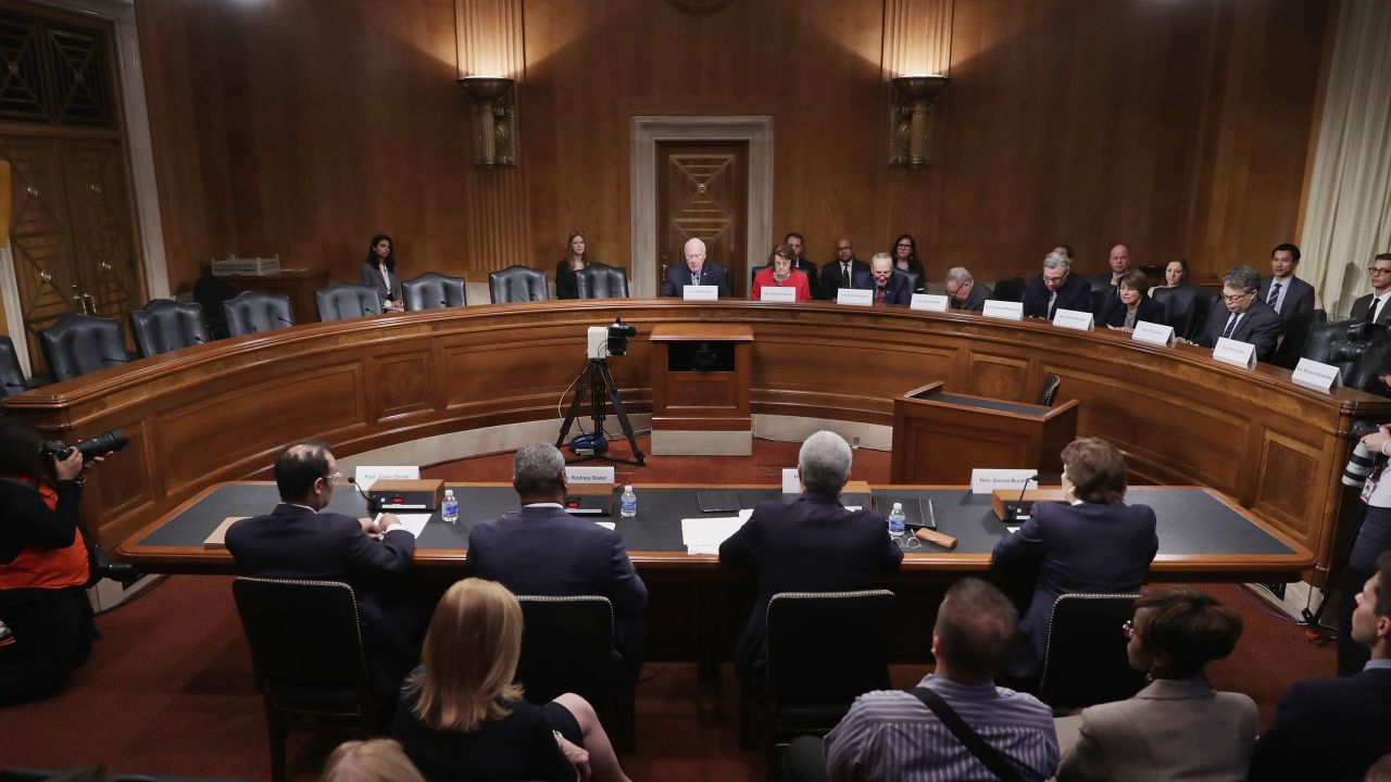 Democratic members of the Senate Judiciary Committee convene a meeting to discuss what they see as Supreme Court nominee Merrick Garland's qualifications to serve on the high court in the Dirksen Senate Office Building on Capitol Hill May 18, 2016 in Washington, DC. Democrats left half the seats at the dais vacant so to emphasize the Senate Republicans' opposition to holding confirmation hearings for Judge Garland.