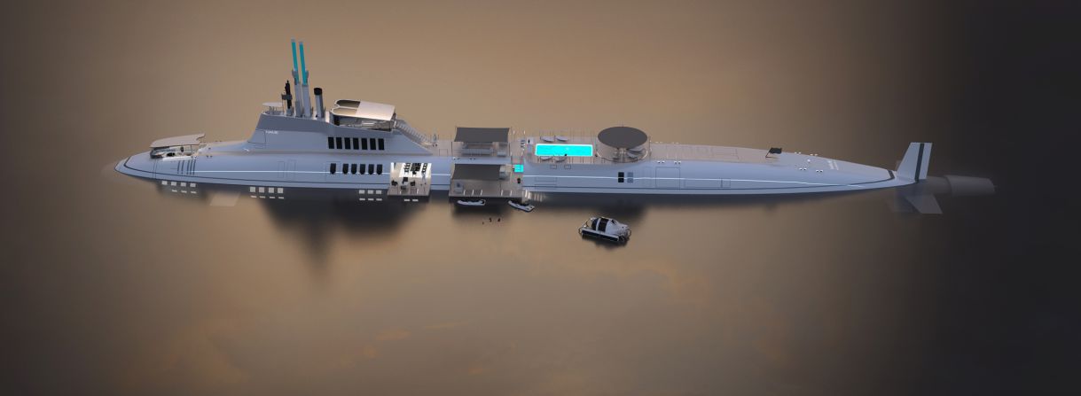 An 11-meter wide hull allows for a deck filled with lounge areas, sun beds, a bar, swimming pool and helicopter pad, while inside a cinema, wine cellar, library and gaming room are just some of the luxuries at your disposal.