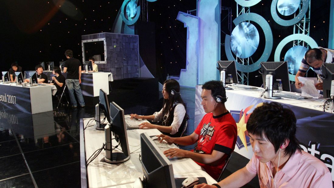 Above, eSports players compete in a 2007 Seoul tournament. Fast forward a decade and one U.S. college -- Robert Morris University -- even gives scholarships to video game players, forming the nation's first varsity eSports squad.  