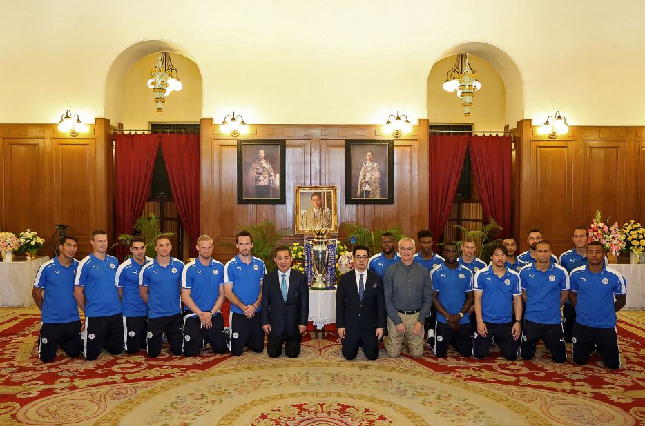 Before the parade, Ranieri, Vichai Srivaddhanaprabha (first row, seventh left) and his son, Leicester vice-chairman Aiyawatt "Top" Srivaddhanaprabha (first row, sixth right), joined the players to kneel and pay their respects to a picture of Thai King Bhumibol Adulyadej, the world's longest-serving monarch, as they received a royal seal of approval at Bangkok's Grand Palace. Aiyawatt said the players were "massive in Thailand now."