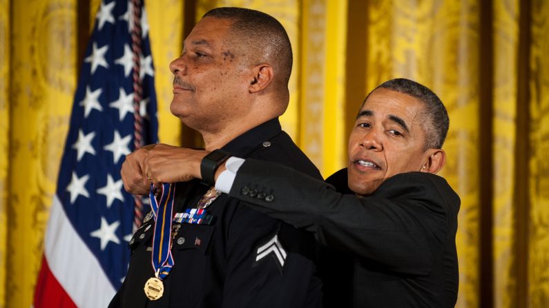 U.S. President Barack Obama awards the Medal of Valor to Los Angeles police officer Donald Thompson on Monday, May 16. While off duty, Thompson pulled a man from a car moments before it was engulfed in flames. Thompson suffered first- and second-degree burns.