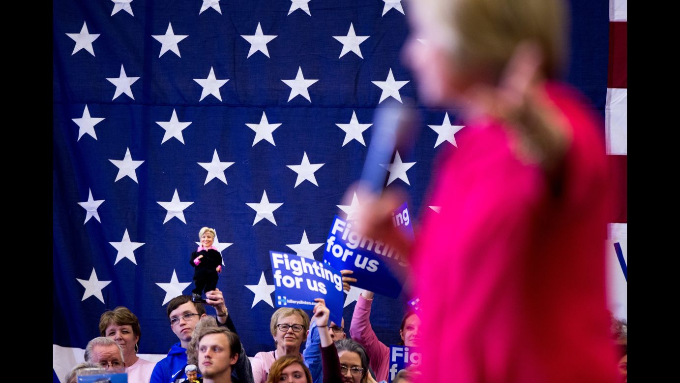 A Hillary Clinton supporter holds up a Clinton doll as the presidential candidate speaks in Lexington, Kentucky, on Monday, May 16. Clinton <a href="http://www.cnn.com/2016/05/17/politics/primary-results-highlights/index.html" target="_blank">narrowly won</a> the state's Democratic primary. 