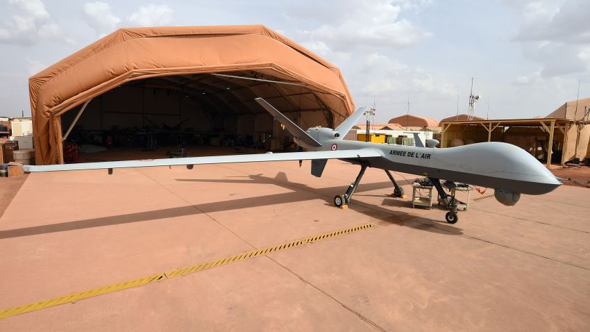 A French Reaper drone involved in the regional anti-insurgent Operation Barkhane is seen at the French military airbase in Niamey on March 14, 2016. 
Barkhane, which succeeded Serval in 2014, has at least 3,500 soldiers deployed across five countries -- Burkina Faso, Chad, Mali,  Mauritania and Niger -- to combat jihadist jihadist insurgencies. / AFP / PASCAL GUYOT        (Photo credit should read PASCAL GUYOT/AFP/Getty Images)