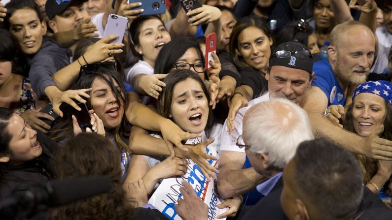 U.S. Sen. Bernie Sanders, who is seeking the Democratic Party's presidential nomination, greets supporters after speaking at a rally in Carson, California, on Tuesday, May 17.