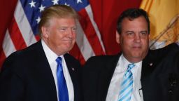 Republican presidential candidate Donald Trump and New Jersey governor Chris Christie greet the crowd as they attend a fundraising event in Lawrenceville, New Jersey on May 19, 2016.  