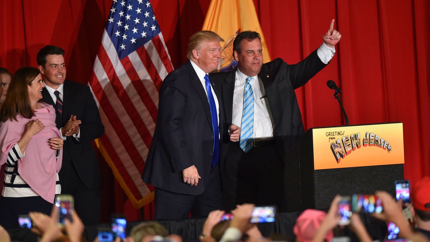Republican presidential candidate Donald Trump and New Jersey Gov. Chris Christie, right, acknowledge the crowd before speaking at a fundraising event in Lawrenceville, New Jersey, on Thursday, May 19.