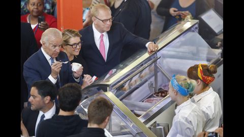 Vice President Joe Biden orders ice cream at a shop in Columbus, Ohio, on Wednesday, May 18. "My name is Joe Biden, and I love ice cream," <a href="http://thehill.com/blogs/blog-briefing-room/news/280408-vice-president-my-name-is-joe-biden-and-i-love-ice-cream" target="_blank" target="_blank">he said</a> before speaking at the headquarters of Jeni's Splendid Ice Cream.