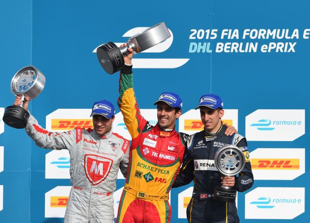 Last season's race was won by Lucas di Grassi (C) on the track, but he was disqualified for a technical infringement, handing victory to Jerome D'Ambrosio (L).