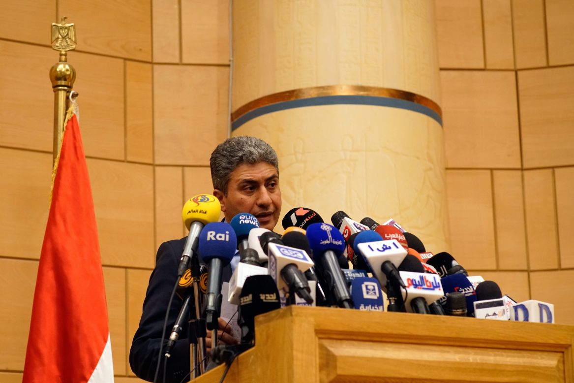 Egyptian Minister of Civil Aviation Sherif Fathi holds a press conference on the missing plane. 