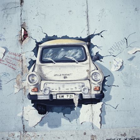 A painting of a Trabant car bursting through a wall in post unification Berlin, August 1993. Formula E are hoping Saturday's race will be another breakthrough moment for electric cars.  