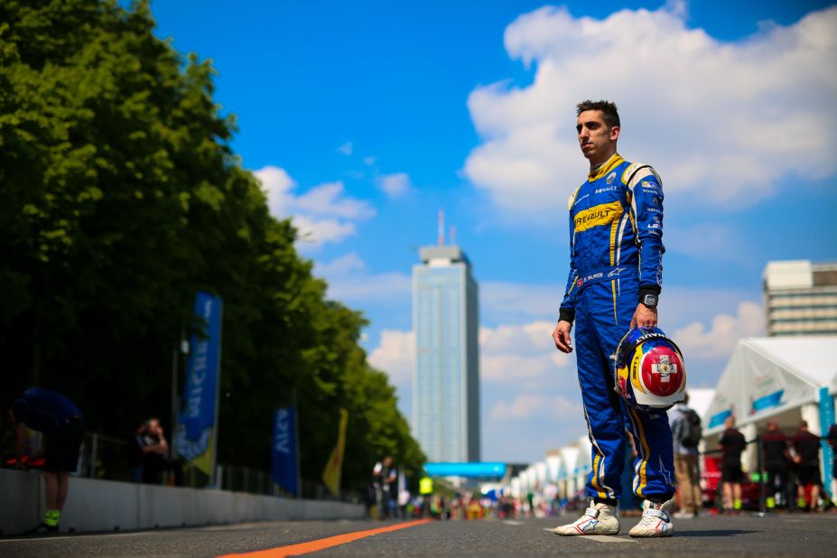 Sebastien Buemi poses on the Berlin ePrix track. The Swiss, who drives for the Renault e.Dams team, trails di Grassi by 11 points in the drivers' championship. 