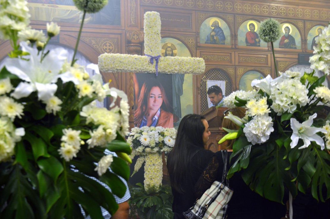 A portrait of Yara Hani Faraq Tawfiq  is seen during a memorial service.