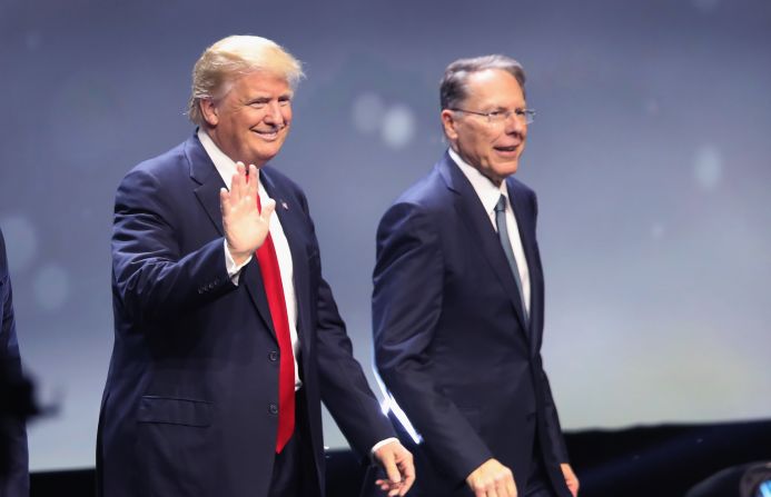 Republican presidential candidate Donald Trump is introduced with Wayne LaPierre, executive vice president of the National Rifle Association, at the NRA national convention on Friday, May 20, in Louisville, Kentucky.  <a href="http://www.cnn.com/2016/05/20/politics/donald-trump-national-rifle-association/index.html" target="_blank">Trump presented himself as a fierce defender of the Second Amendment </a>and attacked Hillary Clinton's stance on gun control. "If she gets to appoint her judges, she will abolish the Second Amendment," Trump told an enthusiastic crowd. "In my opinion, that's what she's going to go for."
