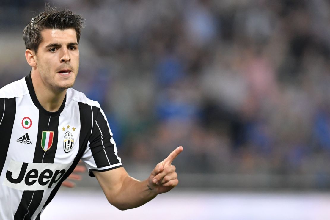 Juventus forward Alvaro Morata celebrates after scoring against AC Milan in the Coppa Italia final.