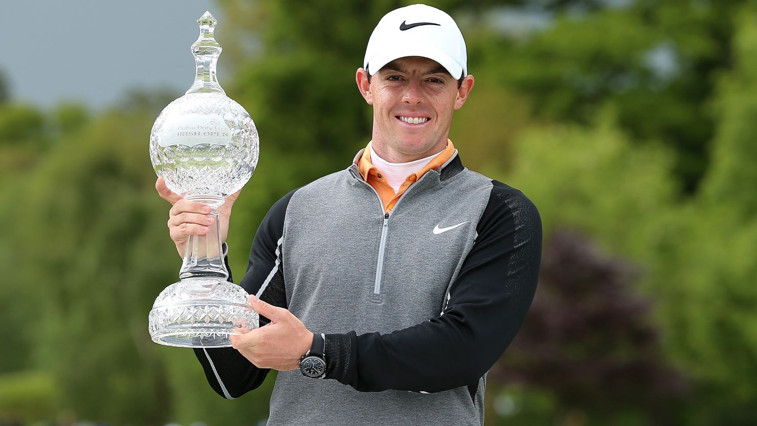 Rory McIlroy poses with the trophy following his Irish Open triumph at the K Club.