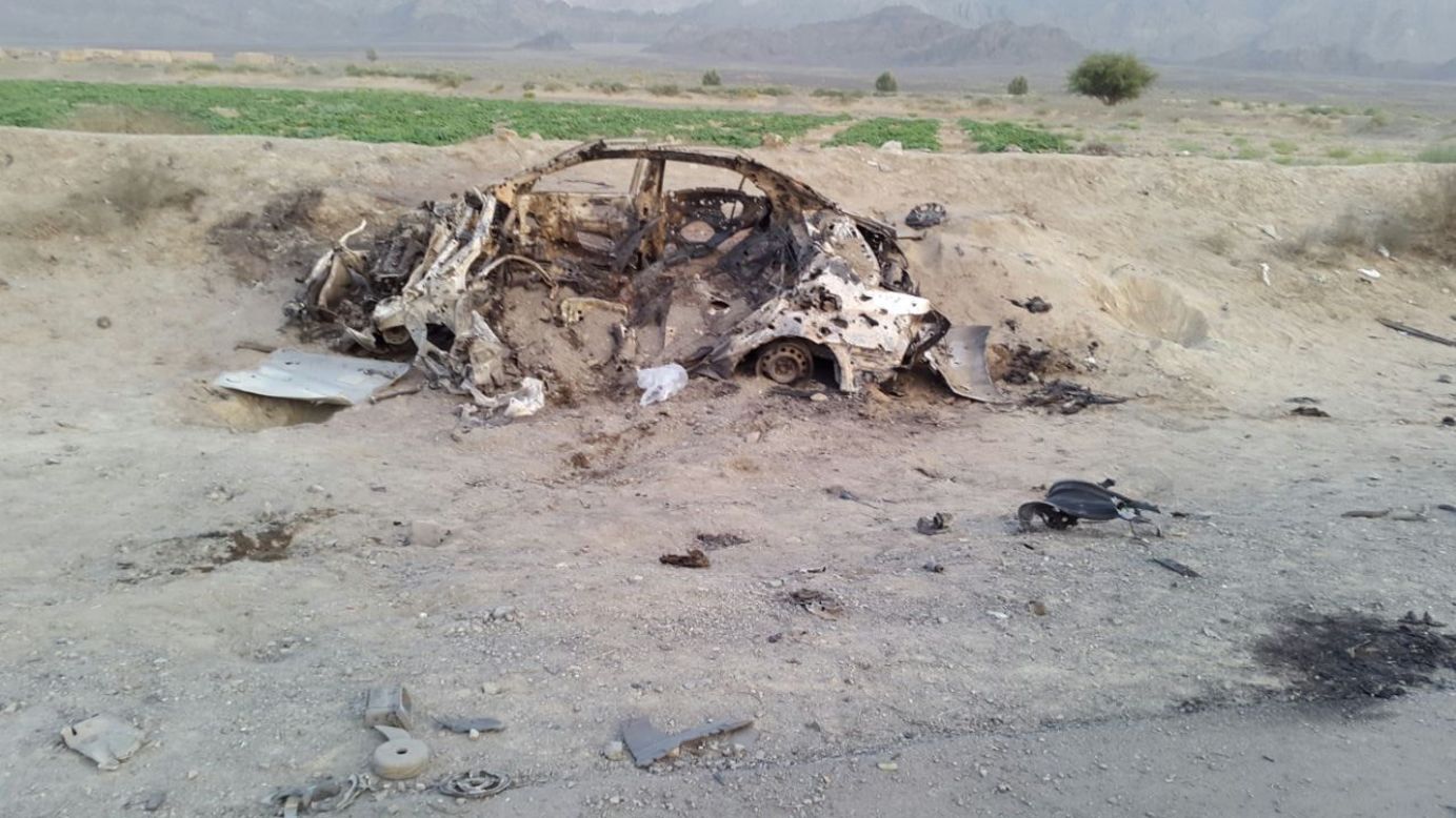 Wreckage remains a day later from reported the drone strike near Ahmad Wal. 