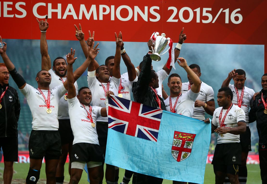 Fiji players celebrate their Sevens World Series success at Twickenham.  