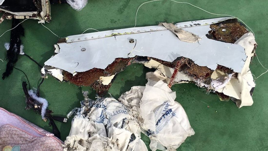 A piece of the wreckage from EgyptAir flight 804 is seen.