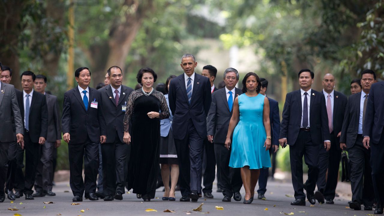 Obama walks to the left of Thi Kim Ngan, chairwoman of Vietnam's National Assembly, at the Presidential Palace in Hanoi on Monday, May 23.