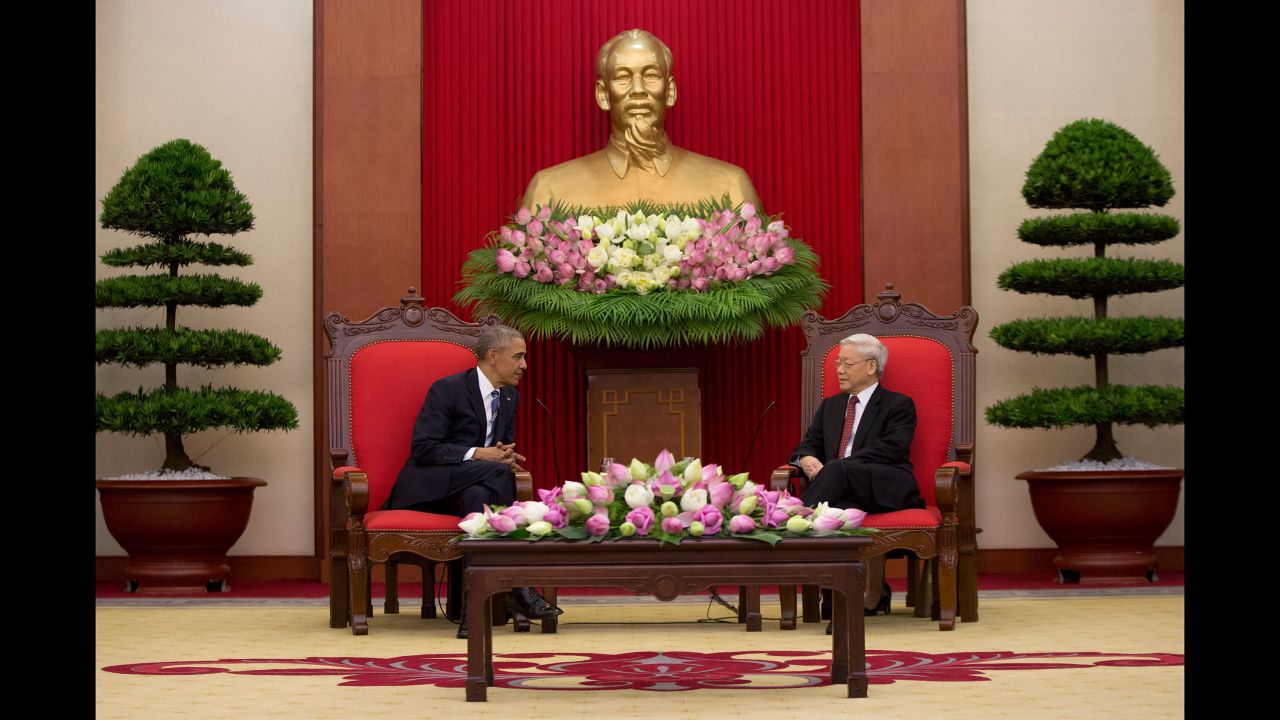 Obama meets with Nguyen Phu Trong, the Vietnamese Communist Party's general secretary, in Hanoi on May 23.