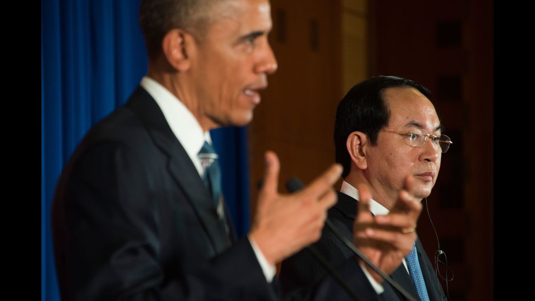 Obama holds a news conference with Vietnamese President Tran Dai Quang on May 23. Obama announced the United States is fully lifting the decades-long ban on the sale of military equipment to Vietnam. He said the removal of the ban was part of a deeper defense cooperation with the country and dismissed suggestions it was aimed at countering China's growing strength in the region.