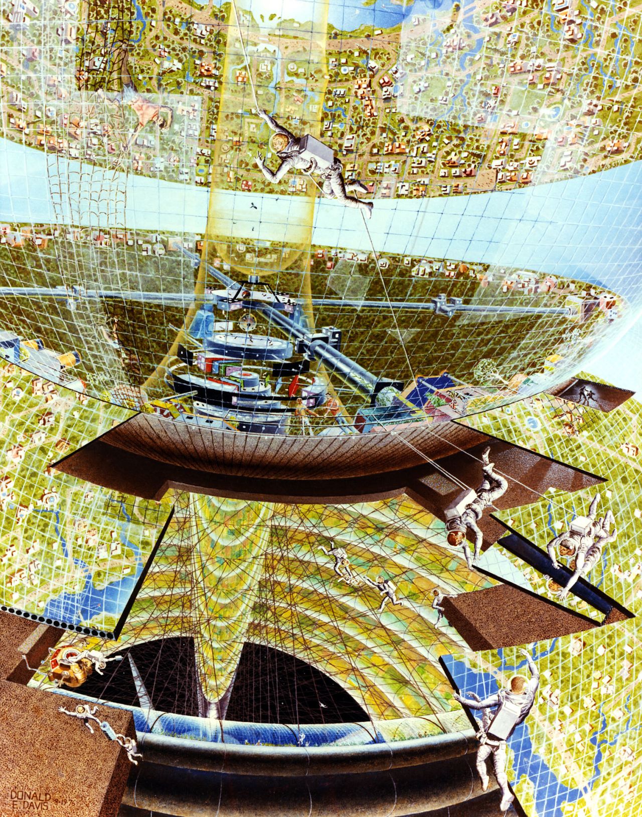 Davis depicts a construction crew piecing together a Bernal Sphere complete with houses, grass and rivers, seemingly unscathed by the vacuum of space.