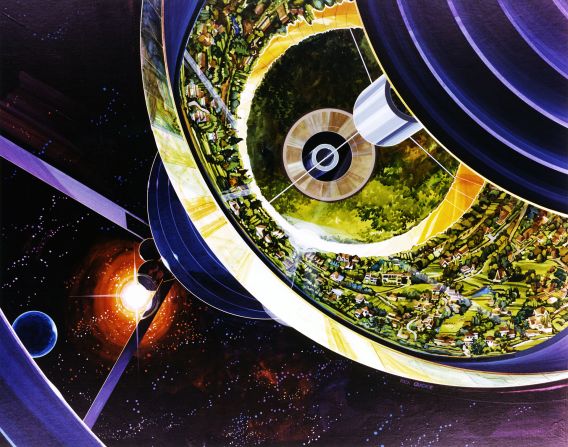 An exterior view of a Toroidal colony, featuring a giant tilted mirror providing sunlight to the interior surface of the ring.