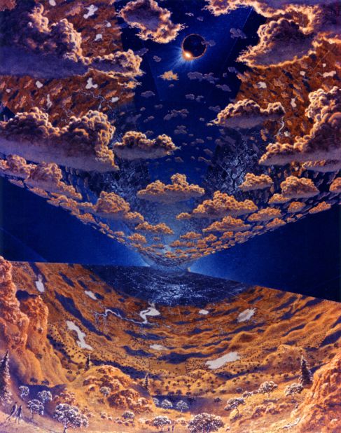 Don Davis' illustration of a Cylindrical Colony imagines what a solar eclipse would look like from space, featuring two columns of land hidden from the sun altogether experiencing and night time. 