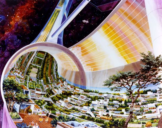 In 1975 a research group led by Princeton professor Gerard O'Neill conducted a 10 week study of future space colonies. Acclaimed space artists Rick Guidice and Don Davis were commissioned to illustrate the fantastical and as yet unrealized concepts.
