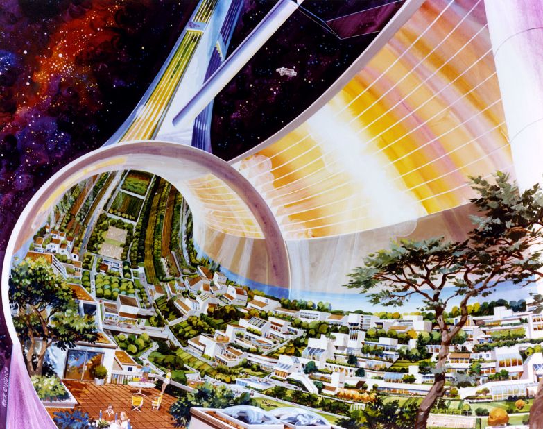 In 1975 a research group led by Princeton professor Gerard O'Neill conducted a 10 week study of future space colonies. The NASA-sponsored research and the paper born of it was given to artists Rick Guidice and Don Davis, commissioned to illustrate the fantastical and as yet unrealized concepts.