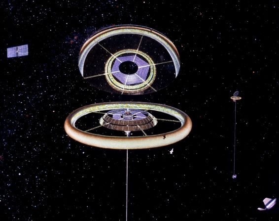Davis also depicted the exterior view of a Toroidal colony, featuring a giant tilted mirror providing sunlight to the interior surface of the ring. 