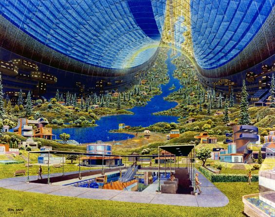 O'Neill's team settled on three potential designs for the future space stations: the Bernal Sphere, the Toroidal Colony (here imagined by Davis) and the Cylindrical Colony. Potential capacity ranged from 10,000 people to one million, and featured circular designs which rotated to generate artificial gravity. 