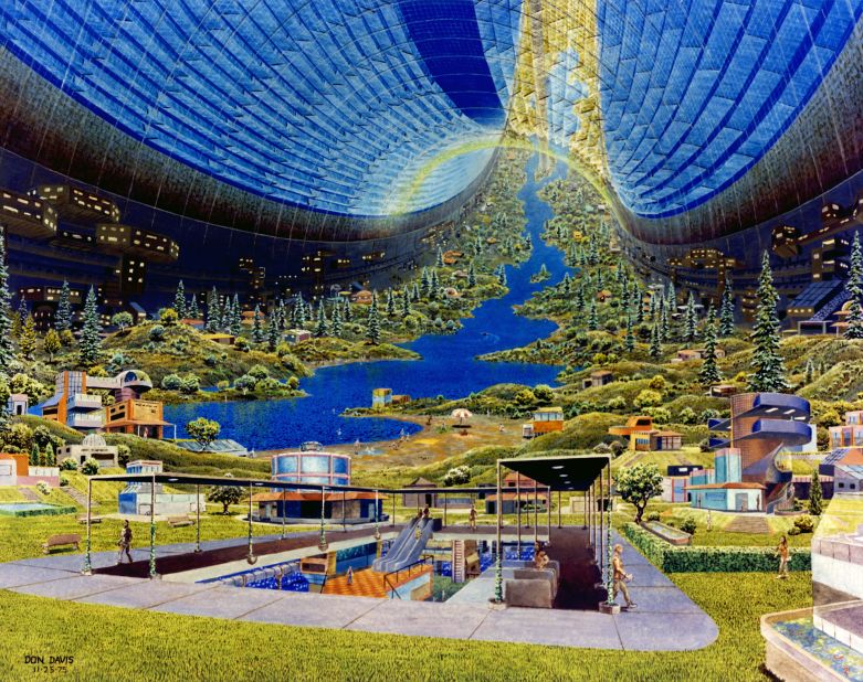 These images were created from a 1975 research study of future space colonies led by Princeton professor Gerard O'Neill. The NASA-sponsored paper born of it was given to artists Rick Guidice and Don Davis, who illustrated the fantastical and as yet unrealized concepts. More on that story <a href="http://www.cnn.com/2016/05/29/architecture/nasa-ames-oneill-space-colonies-1975/" target="_blank">here</a>. 
