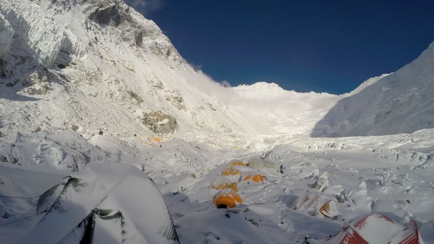 This photograph taken on May 8, 2016, shows a view of mountaineering equipment at Camp 2 on Mount Everest.