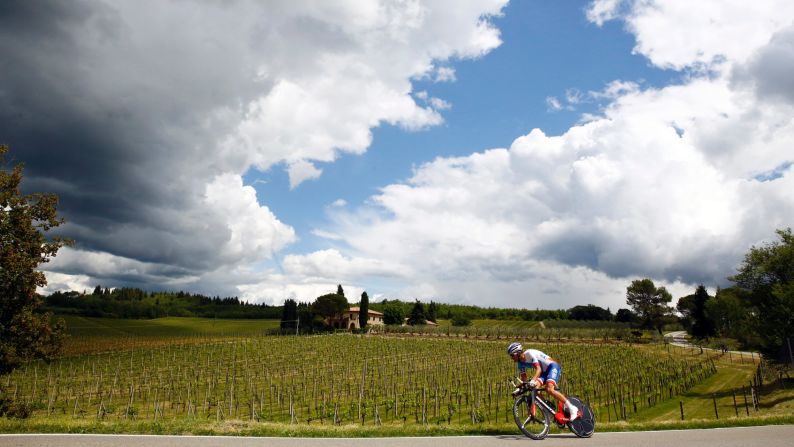 French cyclist Benoit Vaugrenard of FDJ team cycles during the 9th individual time trial stage of 99th Giro d'Italia, Tour of Italy, from Radda in Chianti to Greve in Chianti of 40,5 km on May 15, in Greve in Chianti.